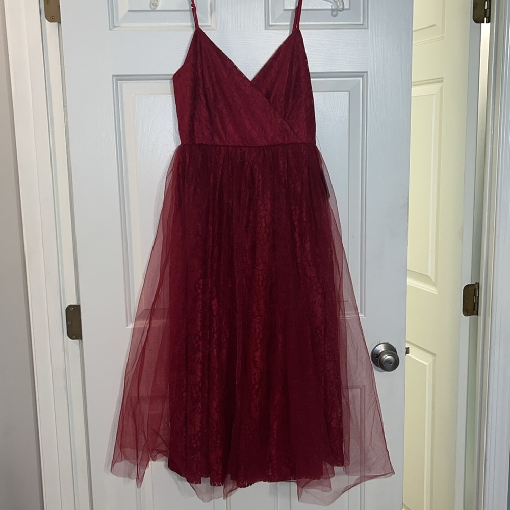 Lulu’s Red Lace Tulle Midi Skater Dress